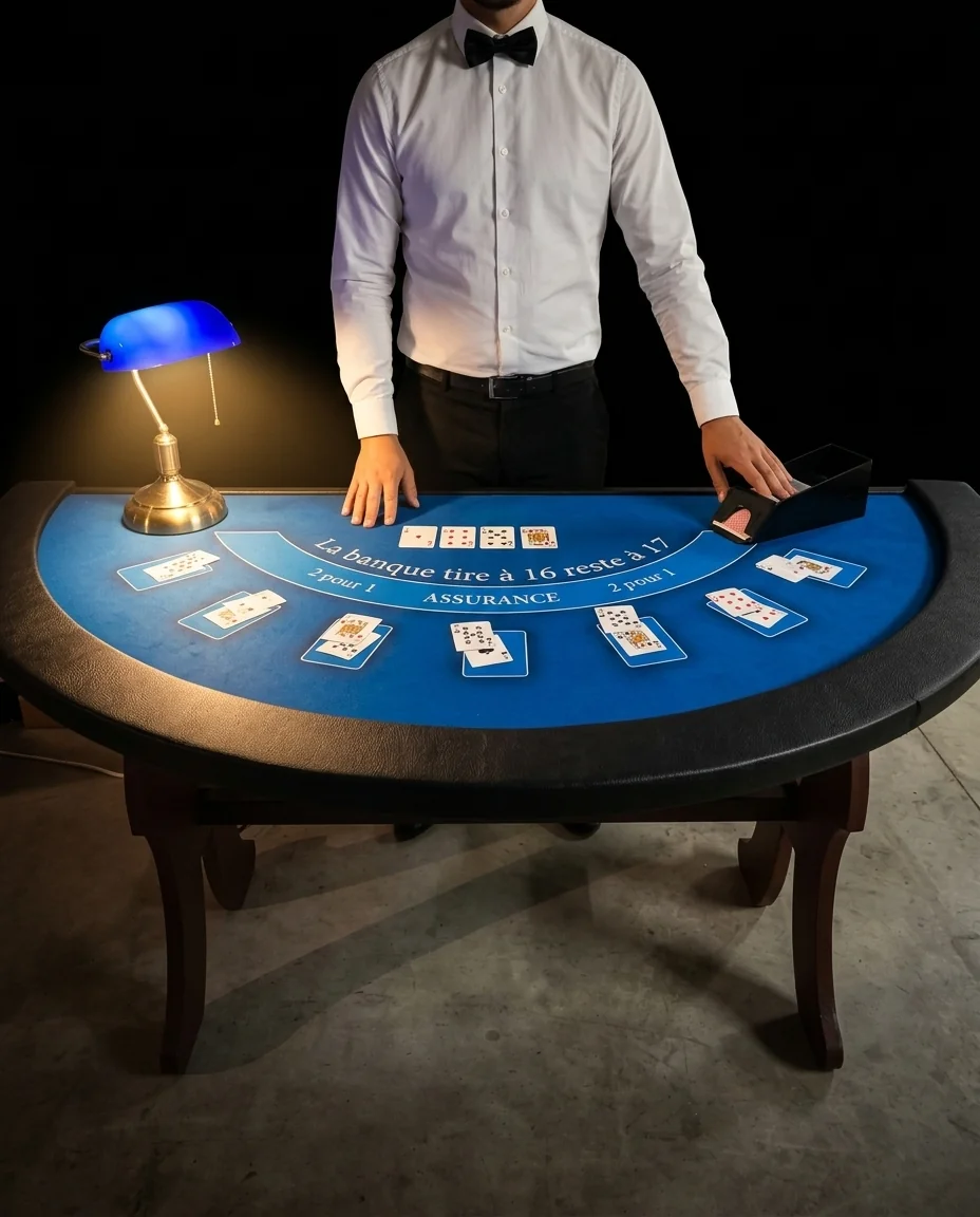Table de blackjack en demi-lune et son croupier en nœud papillon