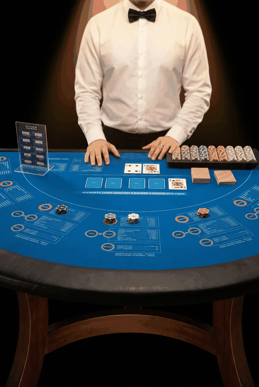 Table d'Ultimate Poker, jetons et cartes devant le croupier
