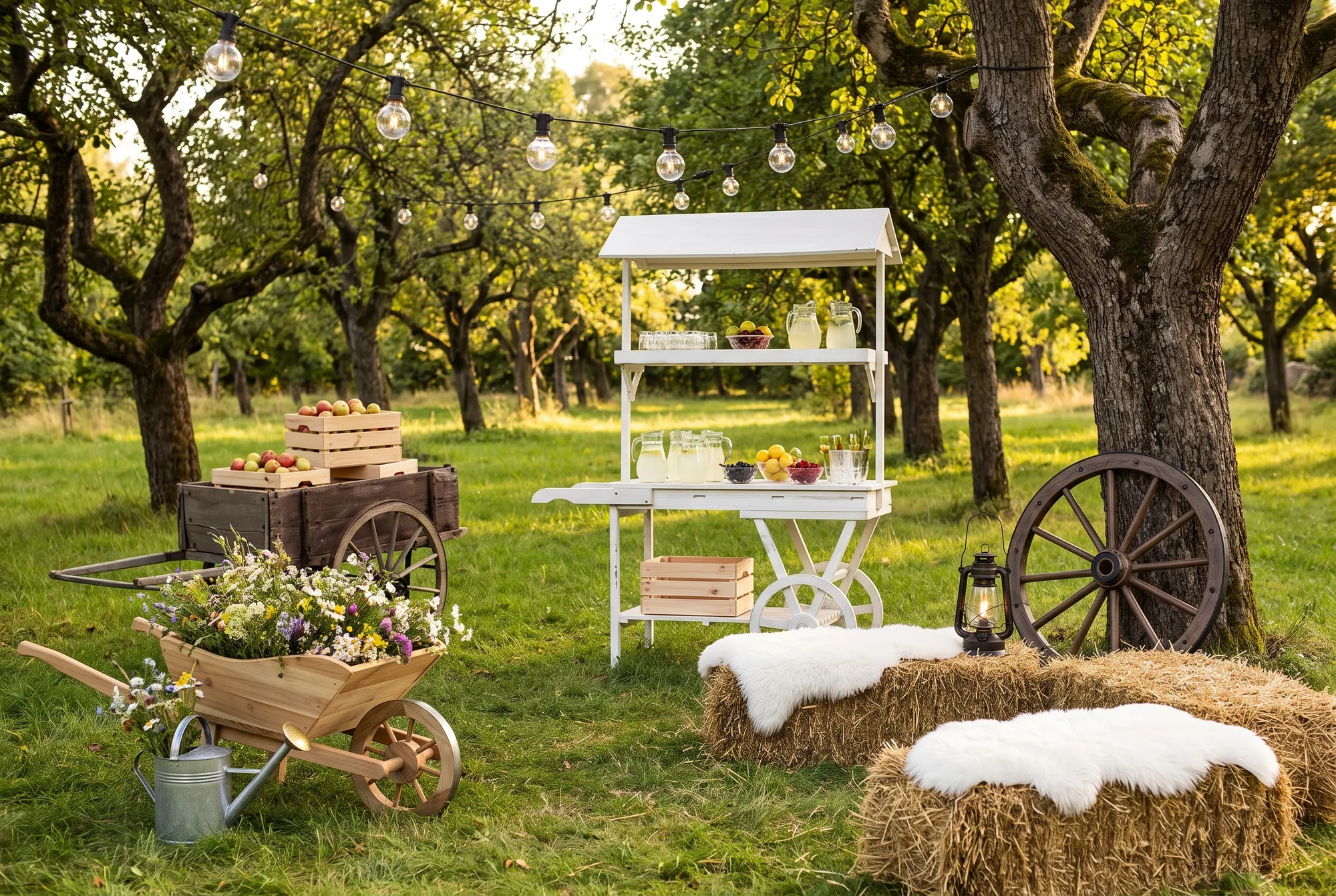 Vin d'honneur champêtre dans un verger : chariot blanc dressé en bar à citronnade, charrette en bois chargée de caisses de pommes, brouette fleurie, arrosoir en métal, bottes de foin couvertes de peaux de bête, lampe tempête, roue de calèche contre un arbre et guirlande guinguette