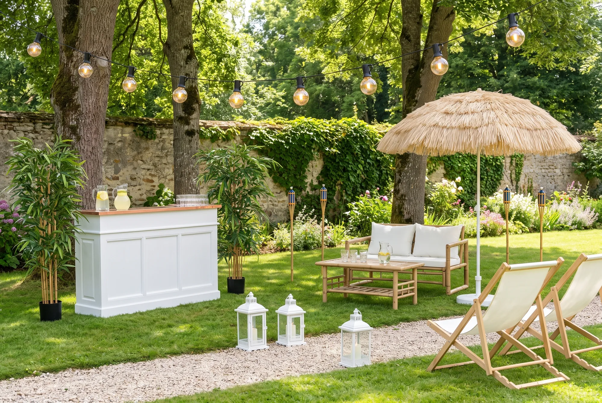 Garden party l'après-midi dans un jardin clos : bar blanc à plateau cuivré entre deux bambous en pot, canapé et table basse en bambou sous un parasol en paille, torches en bambou, lanternes blanches le long de l'allée, deux transats et guirlande de lumières entre les arbres
