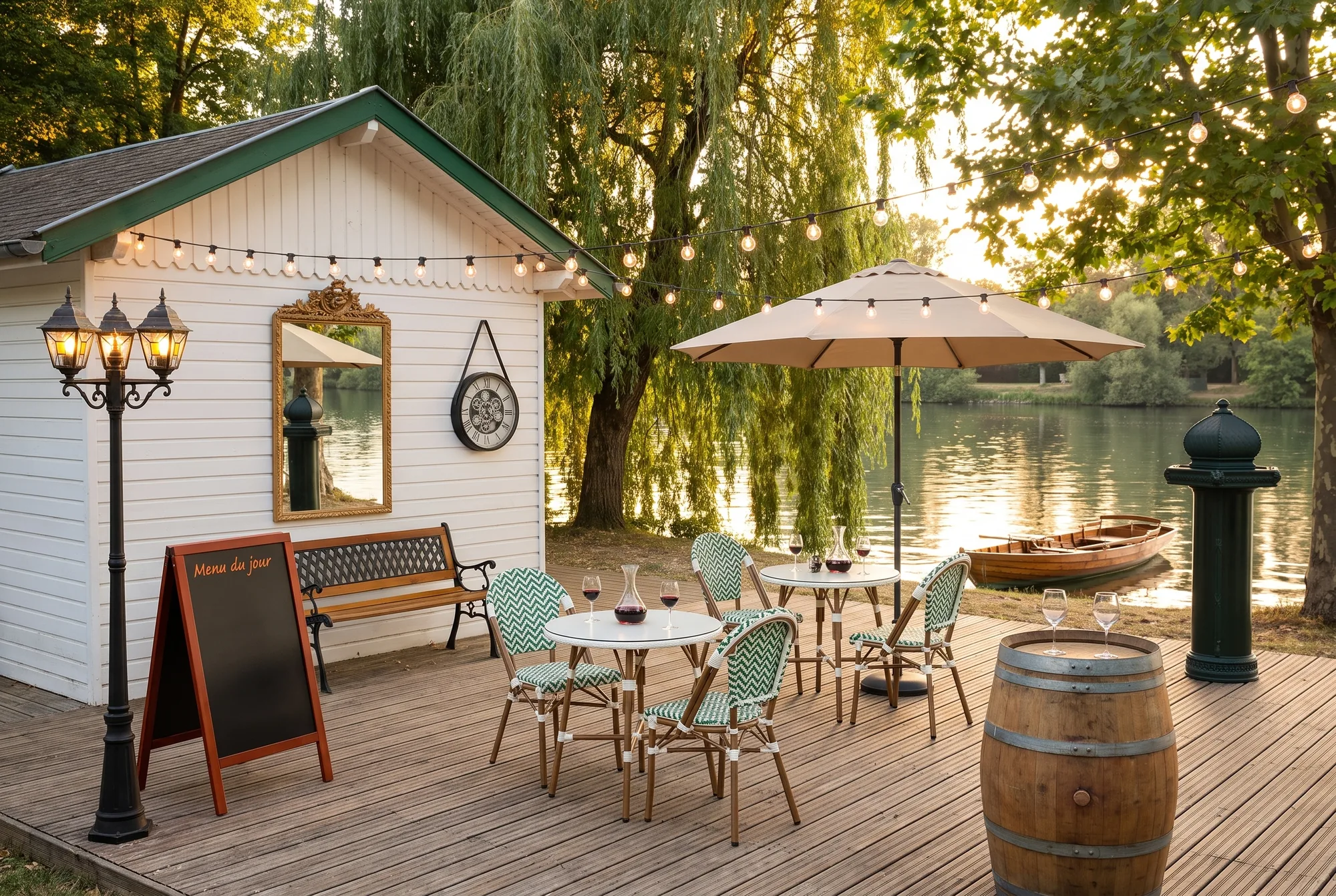 Guinguette au bord d'une rivière au coucher du soleil : terrasse en bois sous une guirlande guinguette, tables et chaises bistrot vertes et blanches, parasol beige, banc parisien, miroir doré de style Louis XVI et horloge à engrenages sur la façade du pavillon, lampadaire parisien à trois lanternes, menu sur chevalet, tonneau en bois et colonne publicitaire verte