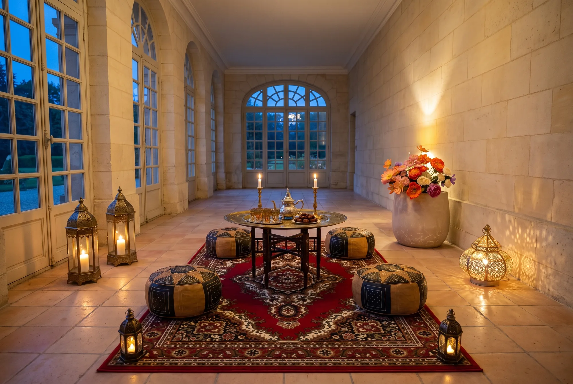 Salon oriental dressé dans une orangerie au crépuscule : grand tapis rouge à médaillon, table basse au plateau de métal ciselé avec théière argentée, verres à thé et bougeoirs dorés, poufs orientaux, hautes lanternes dorées et petites lanternes posées au sol, lampe orientale ajourée et grand cache-pot garni de fleurs artificielles
