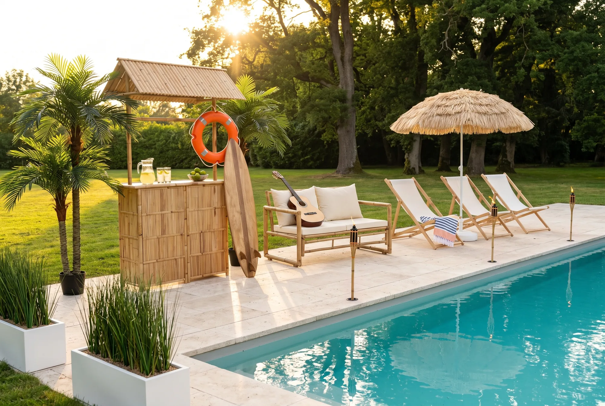 Fête d'été au bord de la piscine d'un domaine au coucher du soleil : bar en bambou avec bouée de sauvetage, planche de surf en bois, palmiers en pot, canapé en bambou à deux places avec une guitare, trois transats sous un parasol en paille, jardinières d'herbes hautes et torches en bambou allumées