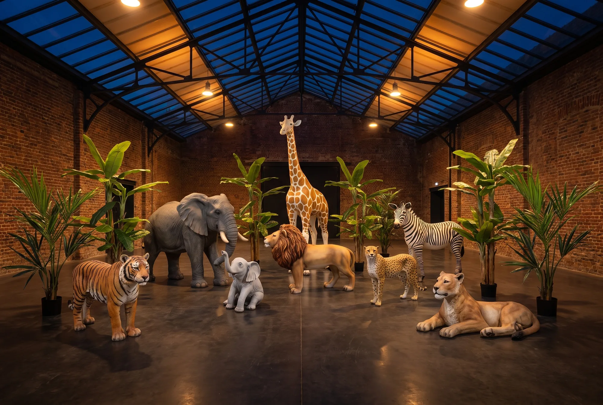 Soirée sur le thème de la jungle et de la savane dans une ancienne halle industrielle sous verrière : statues de girafe, d'éléphant, de bébé éléphant, de lion, de lionne, de tigre, de guépard et de zèbre, entourées de bananiers et de kentias artificiels en pot