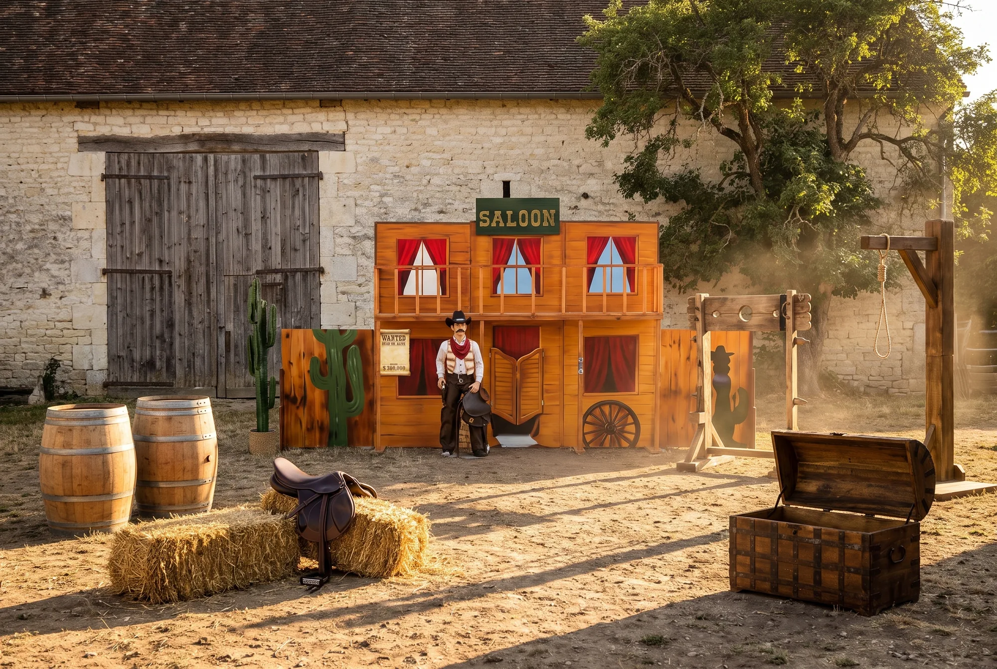Soirée western dans la cour d'une ferme en pierre : façade de saloon avec affiche Wanted, statue de cow-boy, cactus, tonneaux en bois, bottes de paille et selle de cheval, pilori, potence et coffre en bois ouvert