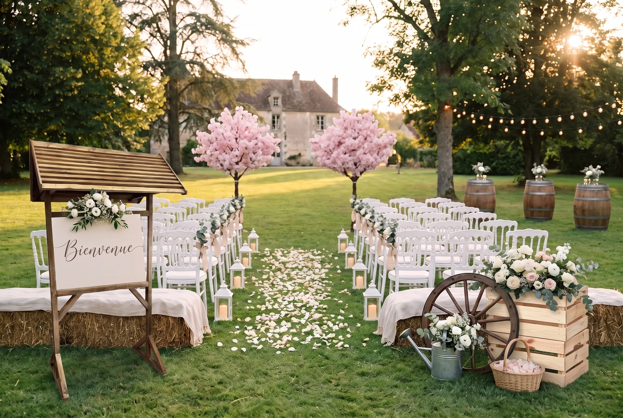 Cérémonie de mariage champêtre dans le parc d'un domaine : allée bordée de lanternes blanches, chaises blanches, deux cerisiers en fleurs, bottes de foin, roue de calèche et tonneaux sous une guirlande guinguette