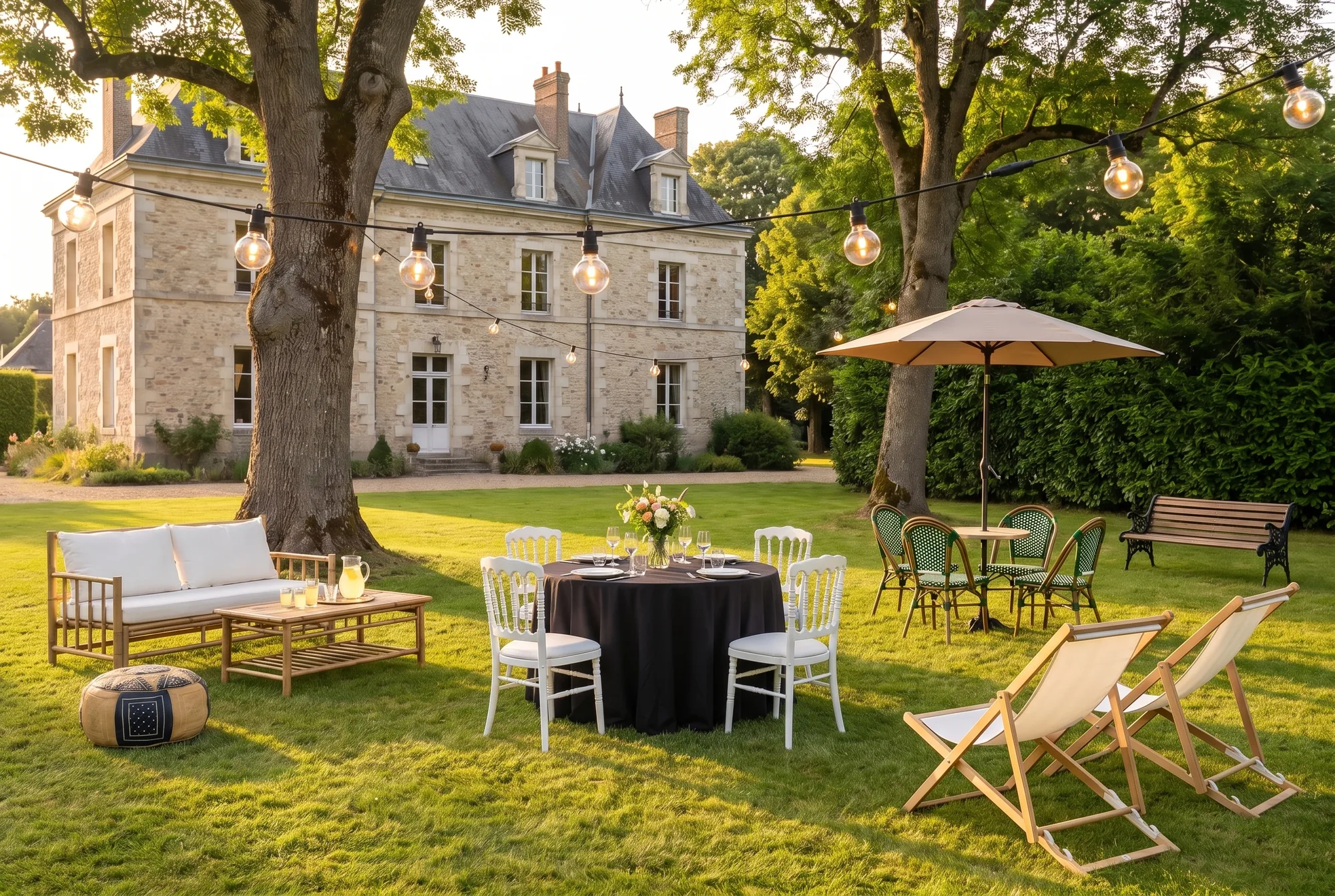Garden-party dans le parc d'un manoir : guirlande d'ampoules entre les arbres, table ronde nappée de noir et chaises blanches, canapé et table basse en bambou, pouf en cuir, table et chaises de terrasse sous un parasol, banc parisien et deux transats