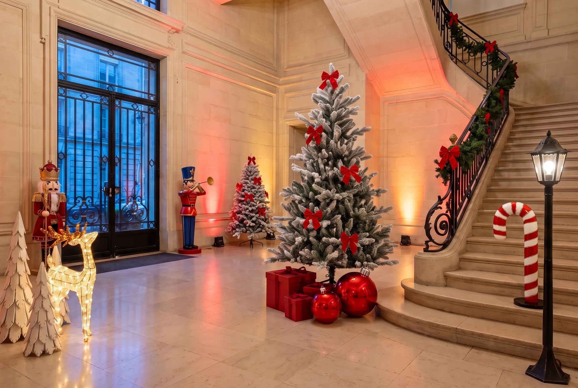 Hall d'accueil d'un siège social décoré pour Noël : deux sapins enneigés, cadeaux et boules rouges, casse-noisettes géants de part et d'autre de la porte vitrée, renne lumineux, sapins en bois blanc, sucre d'orge géant, lampadaire et guirlande de sapin sur la rampe de l'escalier