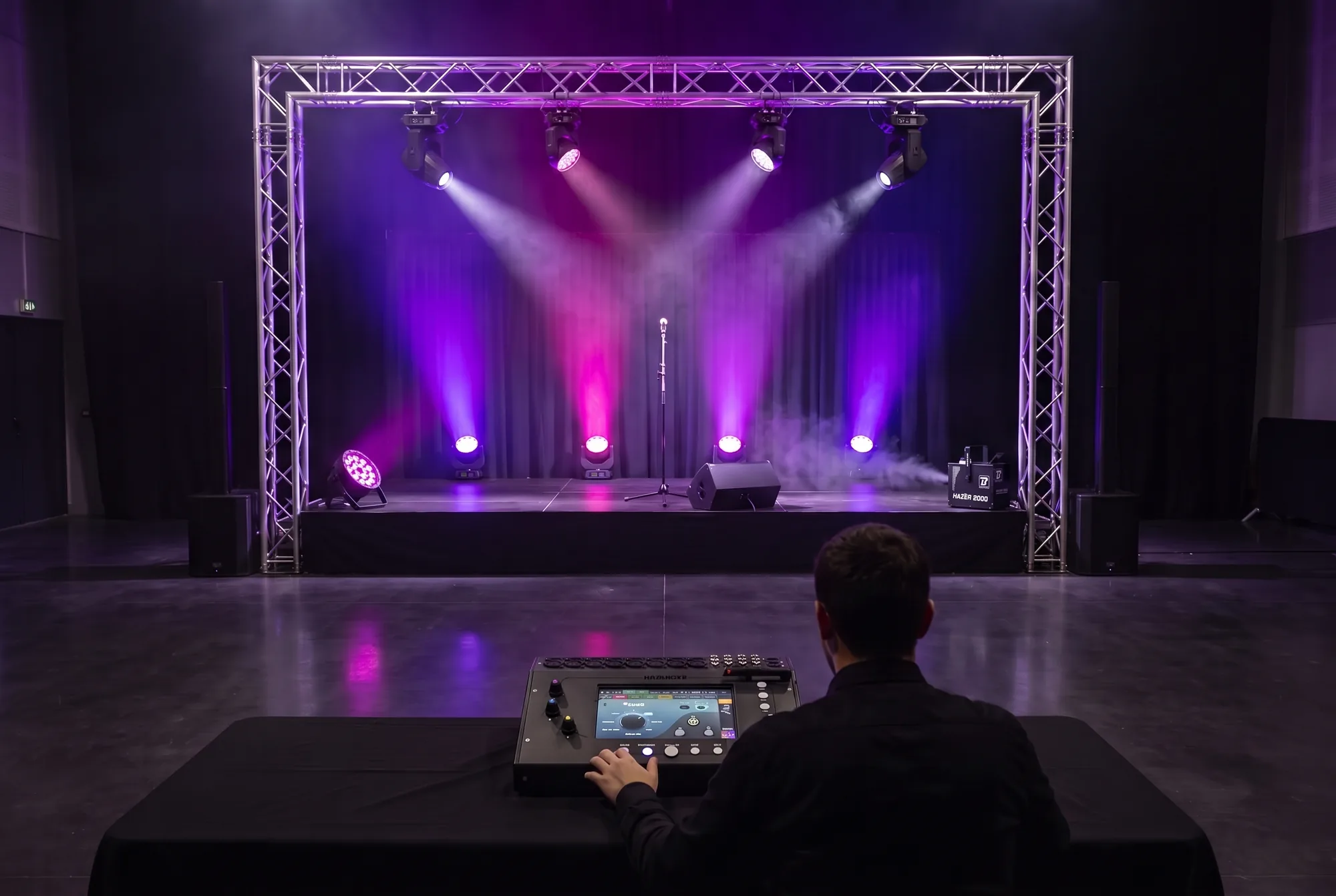 Scène de soirée de gala : portique en truss, lyres et projecteurs à LED en violet et magenta, enceintes colonnes sur caissons, retour de scène, machine à brume, technicien à la console en régie