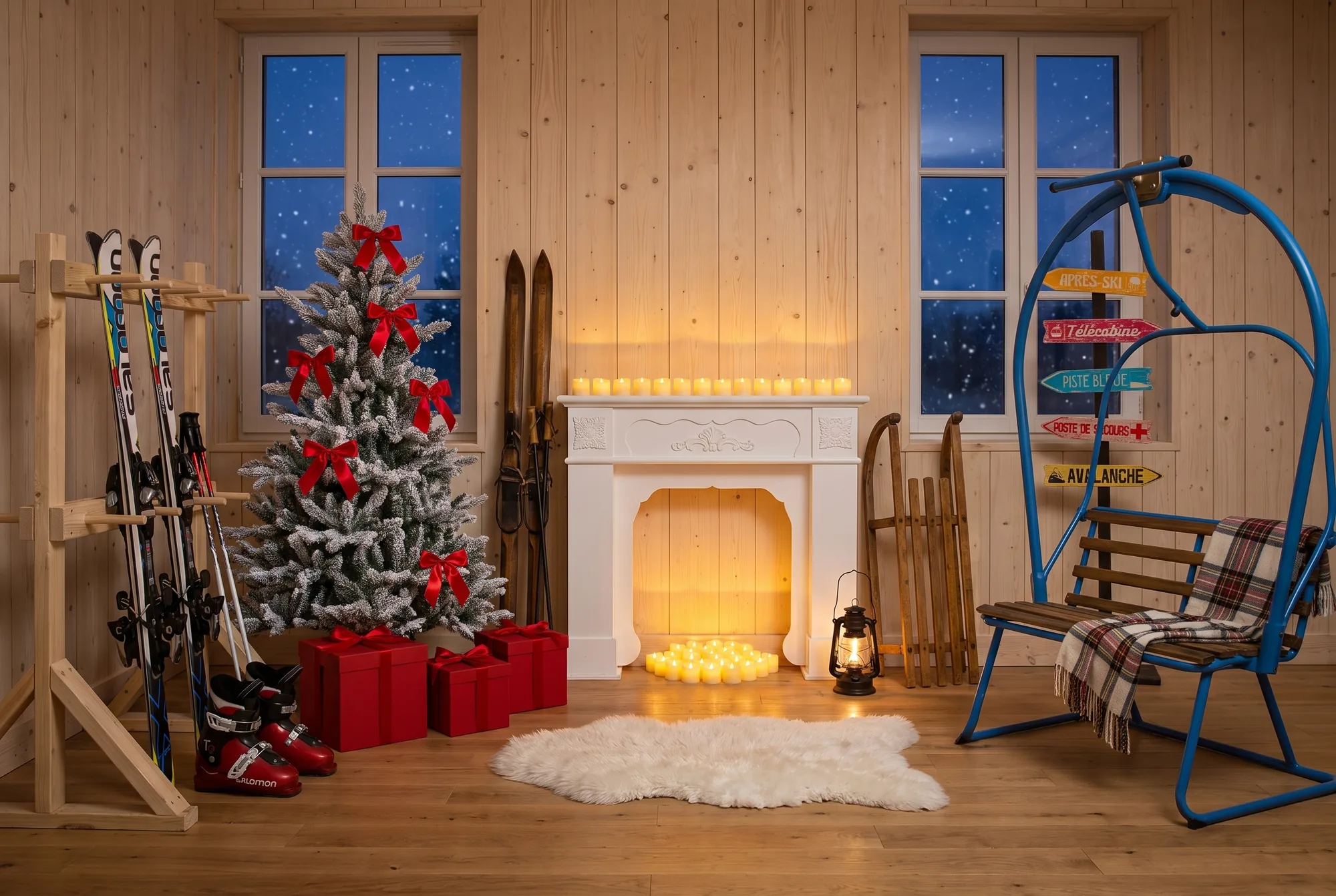 Salon d'hiver aux murs de bois : sapin enneigé et cadeaux, cheminée blanche garnie de bougies électriques, peau de bête blanche, rack à skis, skis et chaussures, skis anciens en bois, luge en bois, lampe tempête, télésiège et panneau directionnel des pistes
