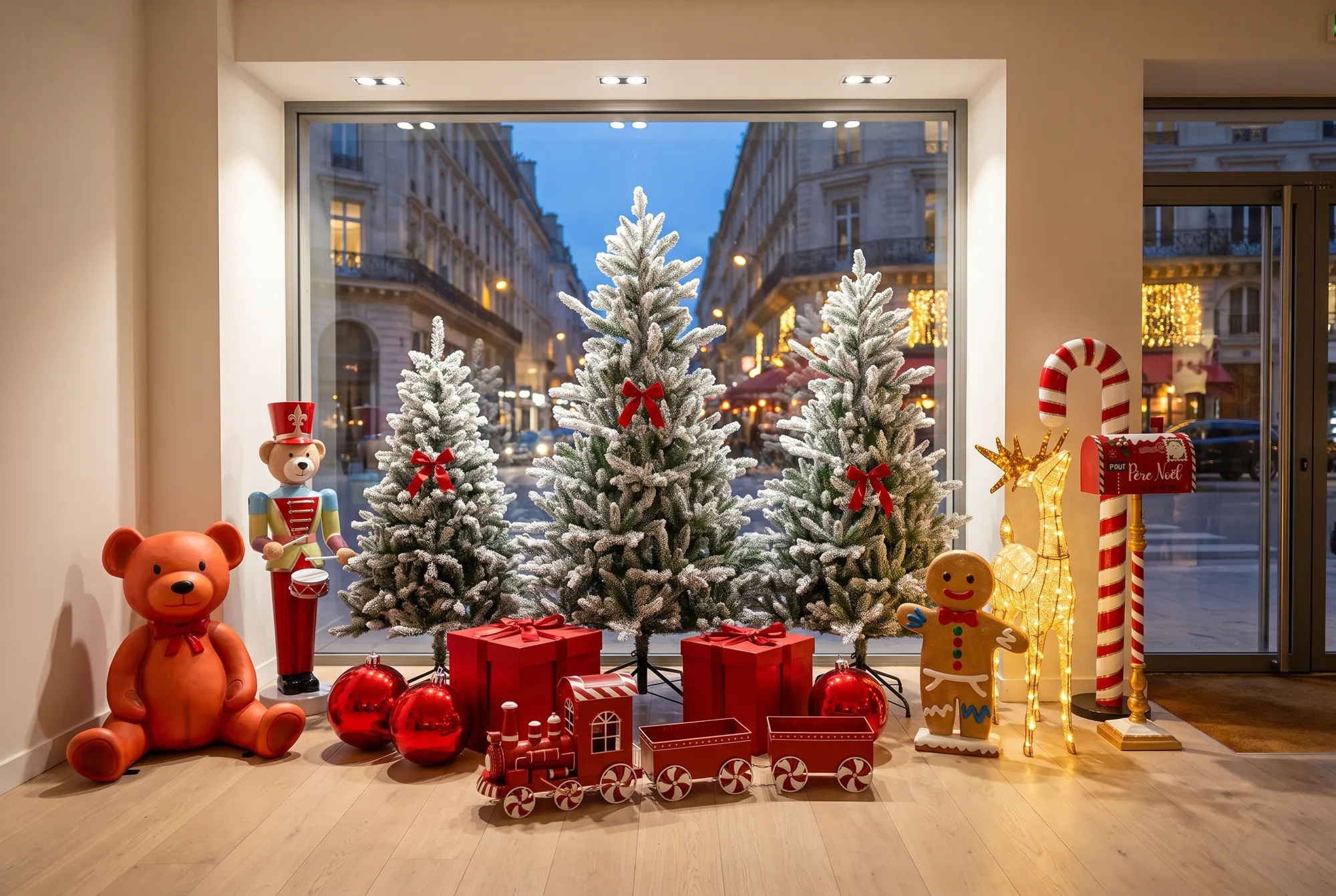 Vitrine de Noël d'une boutique parisienne : trois sapins enneigés de tailles différentes, cadeaux et boules rouges, petit train, gros ourson, ourson tambour, bonhomme pain d'épice, renne lumineux, sucre d'orge géant et boîte aux lettres du Père Noël