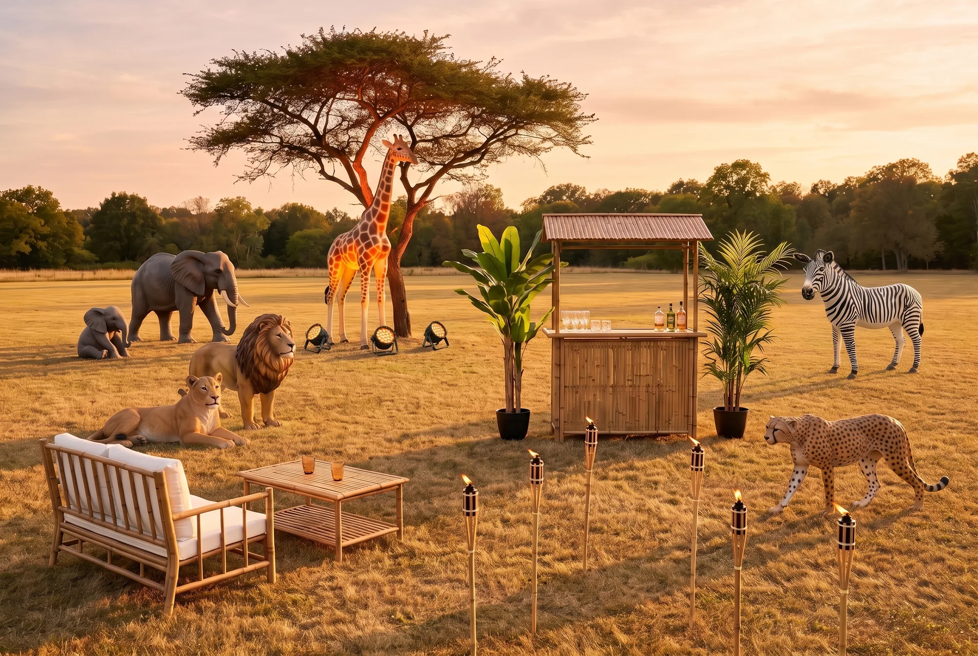 Soirée safari sur la pelouse d'un parc au coucher du soleil : statues de girafe éclairée sous un arbre, d'éléphant et d'éléphanteau, de lion, de lionne couchée, de zèbre et de guépard, bar en bambou entre un bananier et un kentia, canapé et table basse en bambou, torches allumées