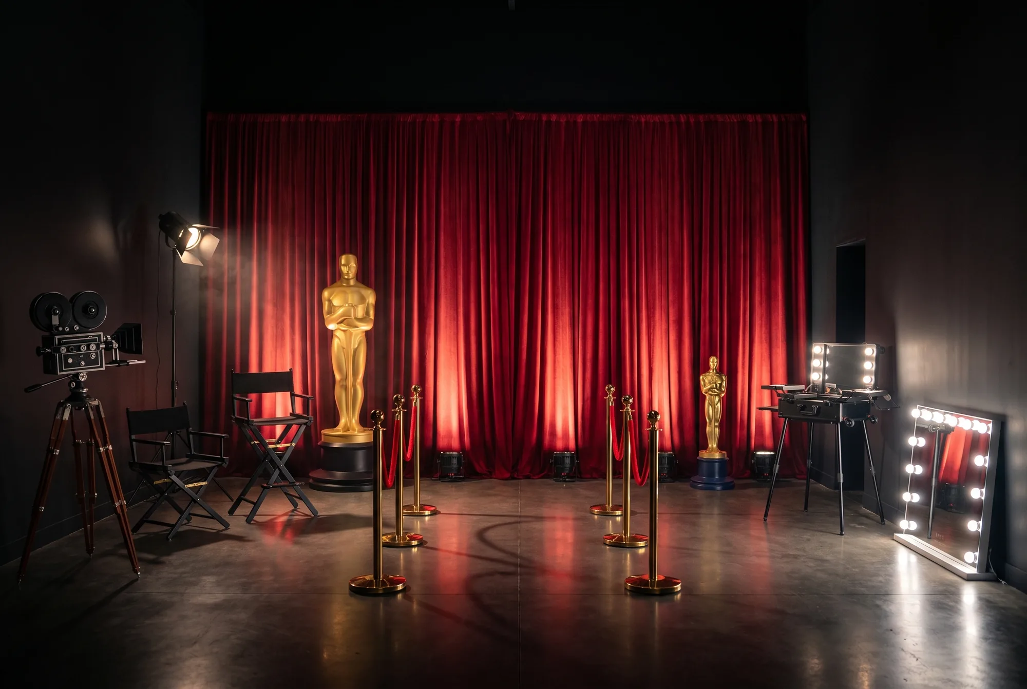 Entrée d'une soirée cinéma : grand rideau de velours rouge éclairé, statue dorée géante et statuette, allée de potelets dorés à cordons rouges, caméra ancienne sur trépied, projecteur de studio, deux chaises de réalisateur, table de maquillage et miroir de loge lumineux