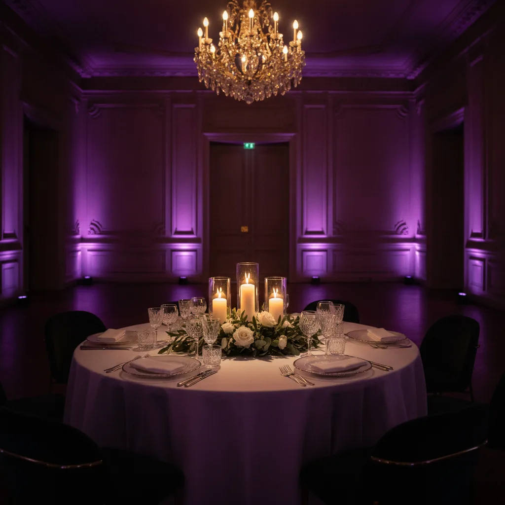 Table dressée dans une salle de réception mise en lumière en violet et décorée par Newvibes