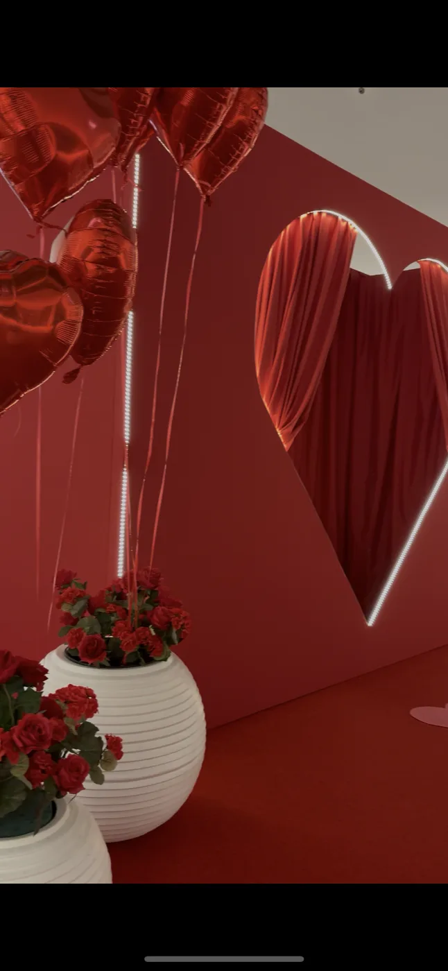Ballons cœurs rouges et vases de roses devant le photocall lumineux