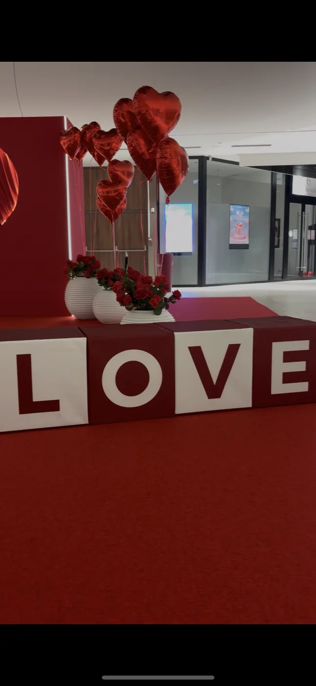 Cubes décoratifs formant le mot LOVE, ballons en forme de cœur et roses rouges sur la moquette